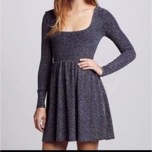 Free People Women's Size XS Metallic Navy Skater Mini Dress Long Sleeve